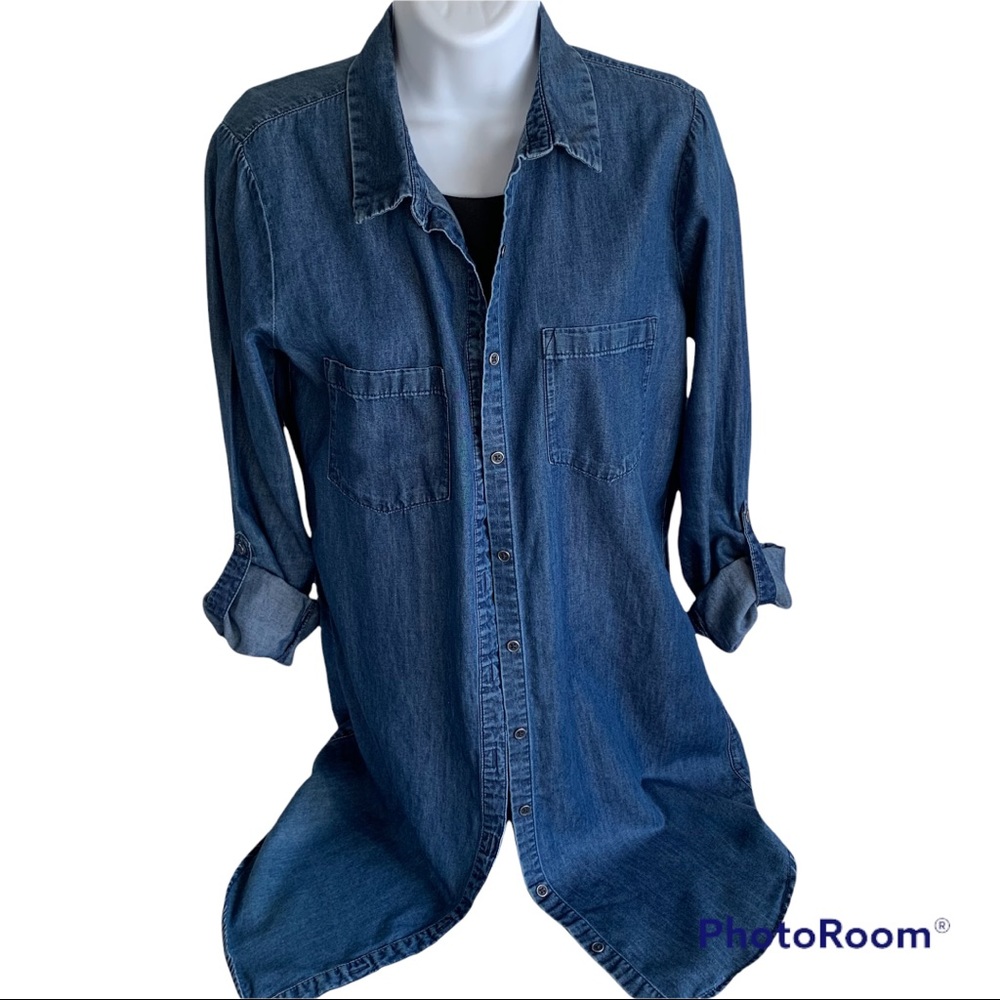 Forever 21 Blue Tencel Denim Long Shirt Tunic Top Sz S